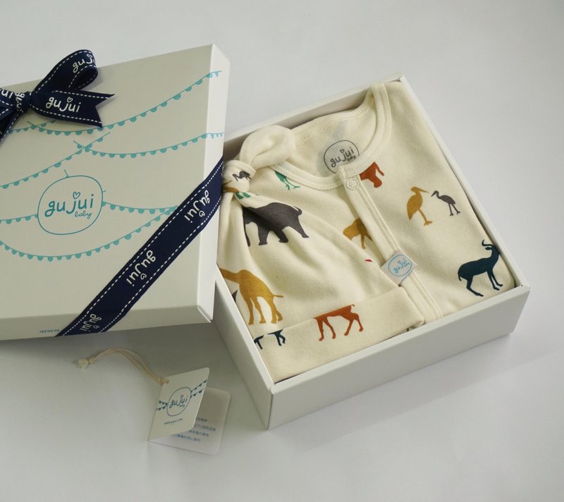 gujui有機棉彌月禮盒-(連身裝+帽)-愛動物 - 彌月禮盒 - 棉.麻 白色