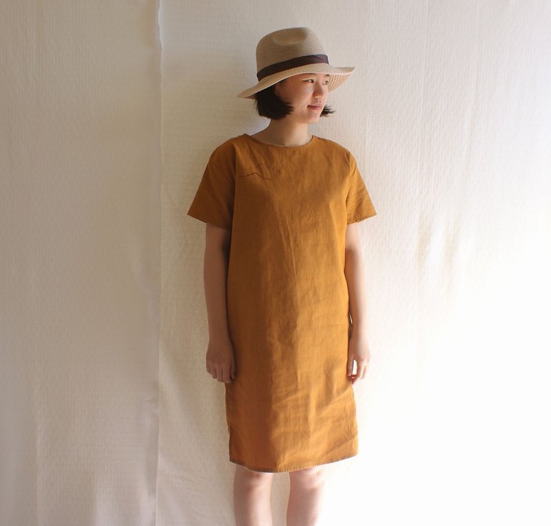 /見山/ 茶黃棉質長洋 - 洋裝/連身裙 - 其他材質 橘色