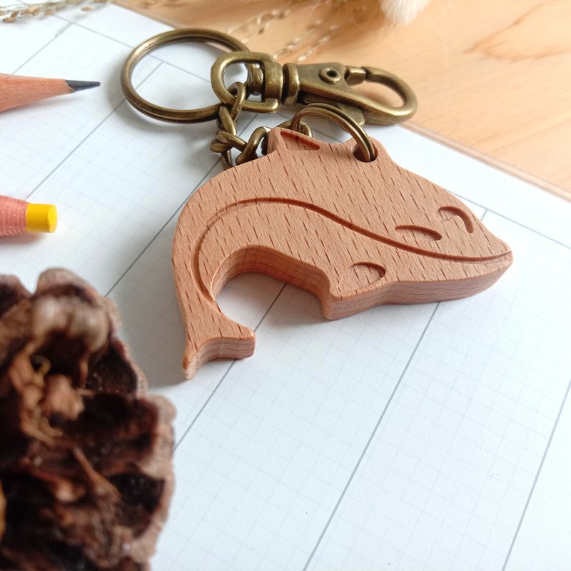 可愛動物原木鑰匙圈 - 水域夥伴 - 客製化刻字 - 鑰匙圈/鑰匙包 - 木頭 咖啡色