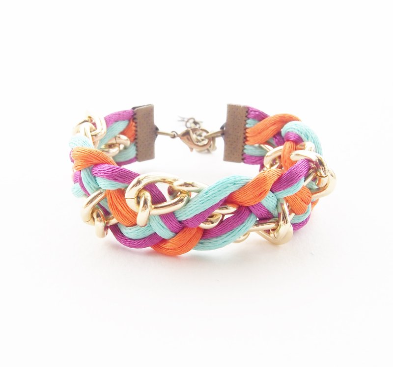 Orange, mint and fuchsia pink briaded bracelet with gold chain.