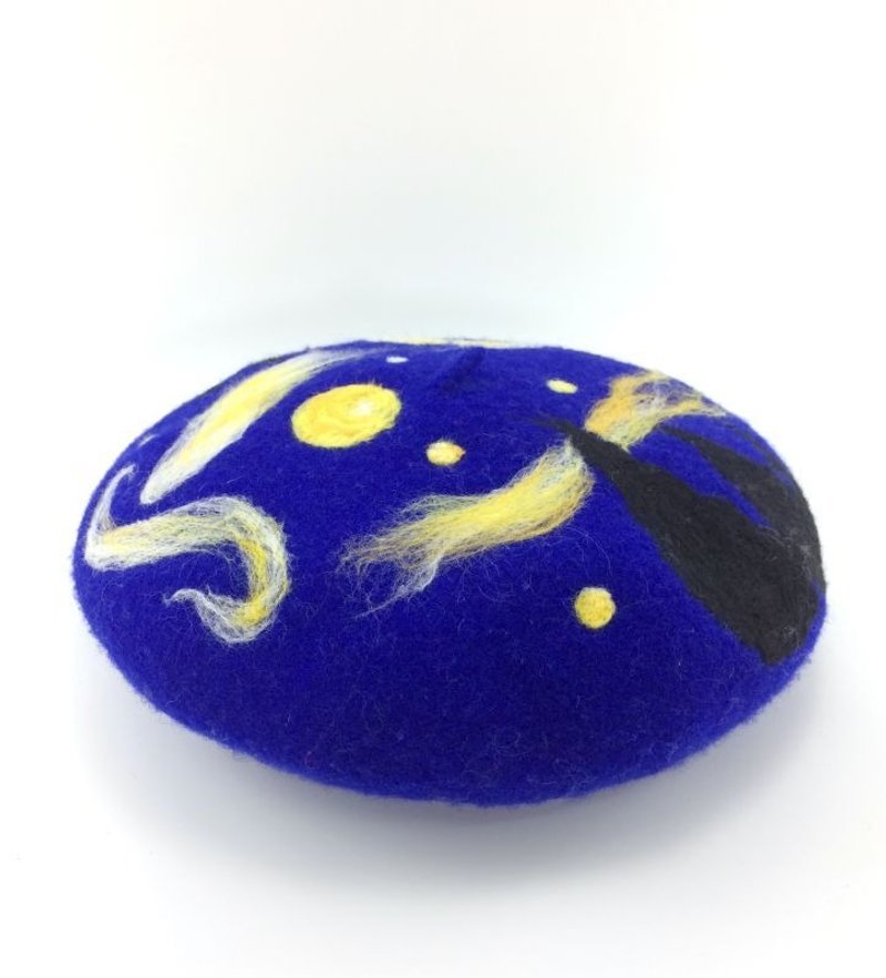 梵高星空 贝雷帽 秋冬新品 蓝色羊毛氈畫家帽 - 帽子 - 其他材質 藍色