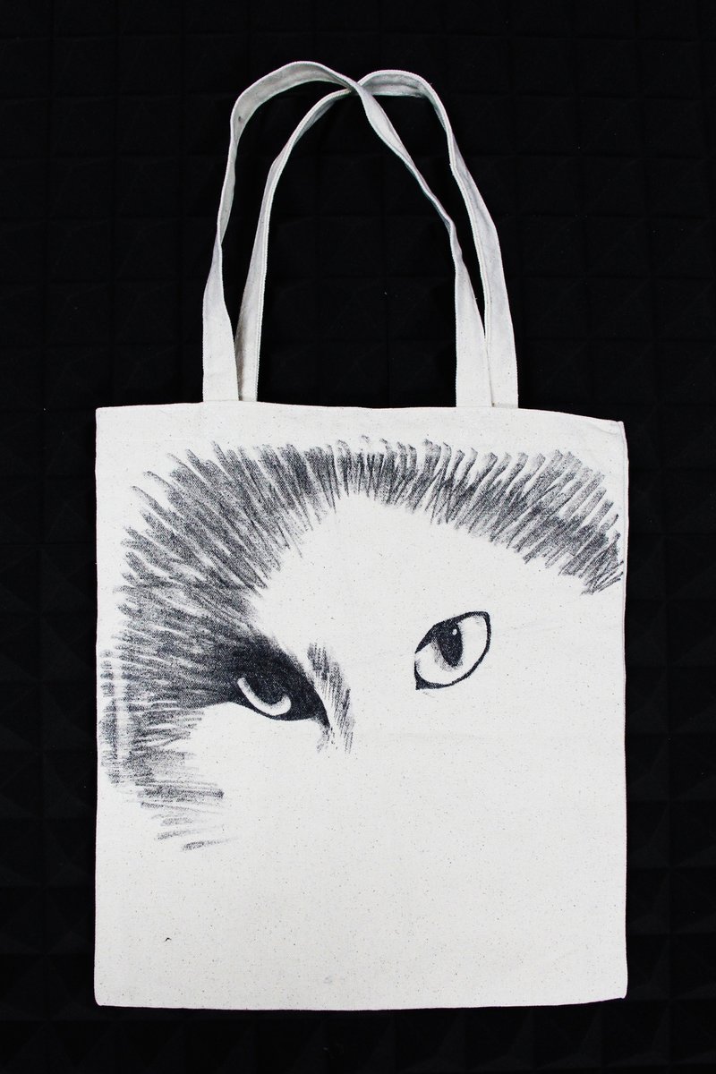 全手工訂製 手繪插畫 純麻布 環保袋 托特包 貓咪 (Hand-drawn Custom Tote Bag Cat)