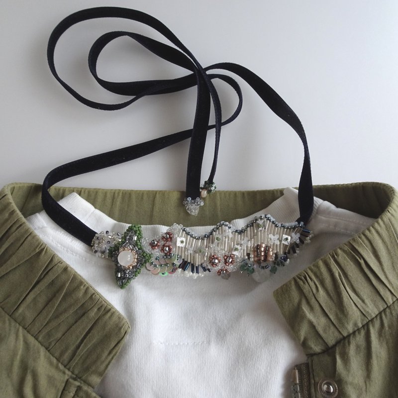 雪原//立体刺繡のベロアリボンネックレス - 項鍊 - 半寶石 綠色