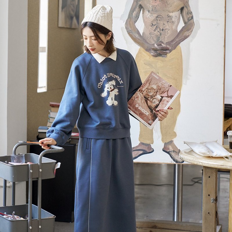 小狗印花衛衣衛裙套裝|外套|裙子|兩色|秋冬款|Sora-1373 - 女上衣/長袖上衣 - 棉.麻 多色