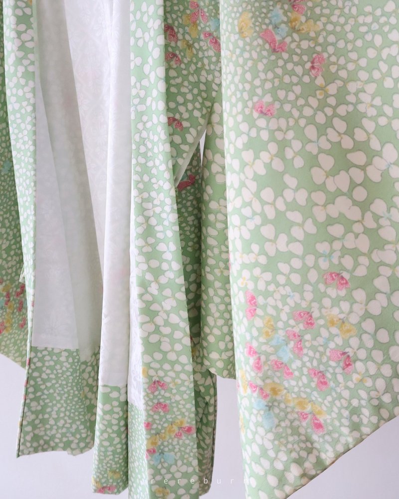 日本製和風印花薄款綠色古著羽織和服外套 - 女大衣/外套 - 聚酯纖維 綠色