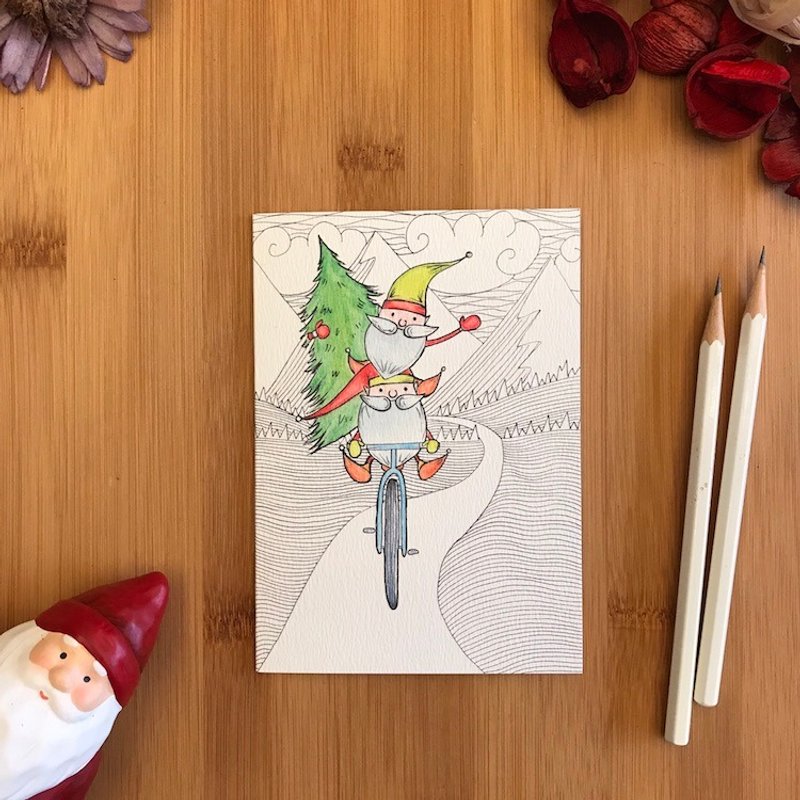 ELVES BIKE Christmas card hand-painted illustration of environmentally friendly paper imported cards C103