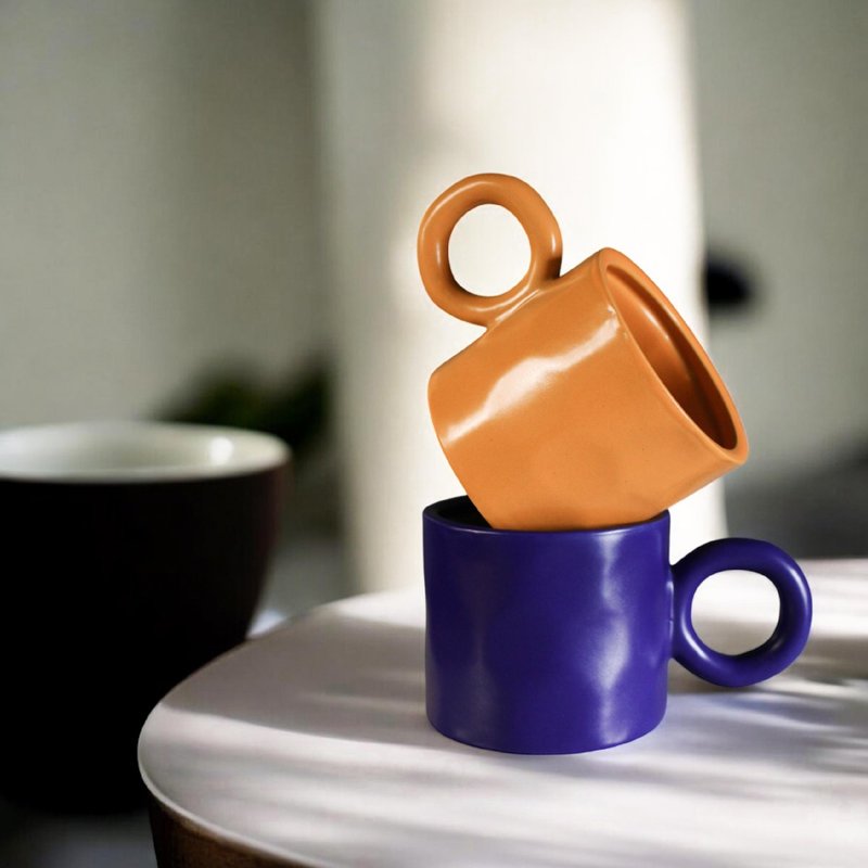 午後的西西里/馬祖藍眼淚 - 亮橘/霧藍陶瓷馬克杯 - 手感圓把設計 - 咖啡杯/馬克杯 - 瓷