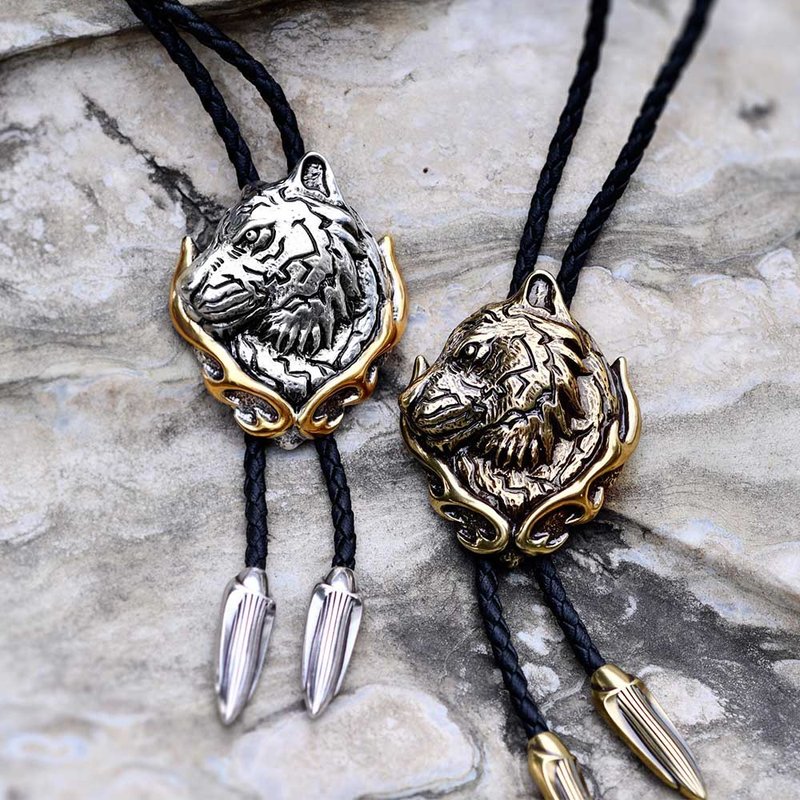 十二生肖 老虎 焱虎 保羅領帶 Bolo Tie 皮革項鍊 皮繩領帶 - 領帶/領帶夾 - 不鏽鋼 銀色