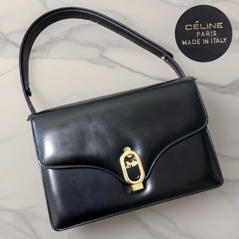 稀有中古包 Celine黑色馬車風琴包 單肩包 側背包 二手古著古董包 - 側背包/斜背包 - 真皮 黑色