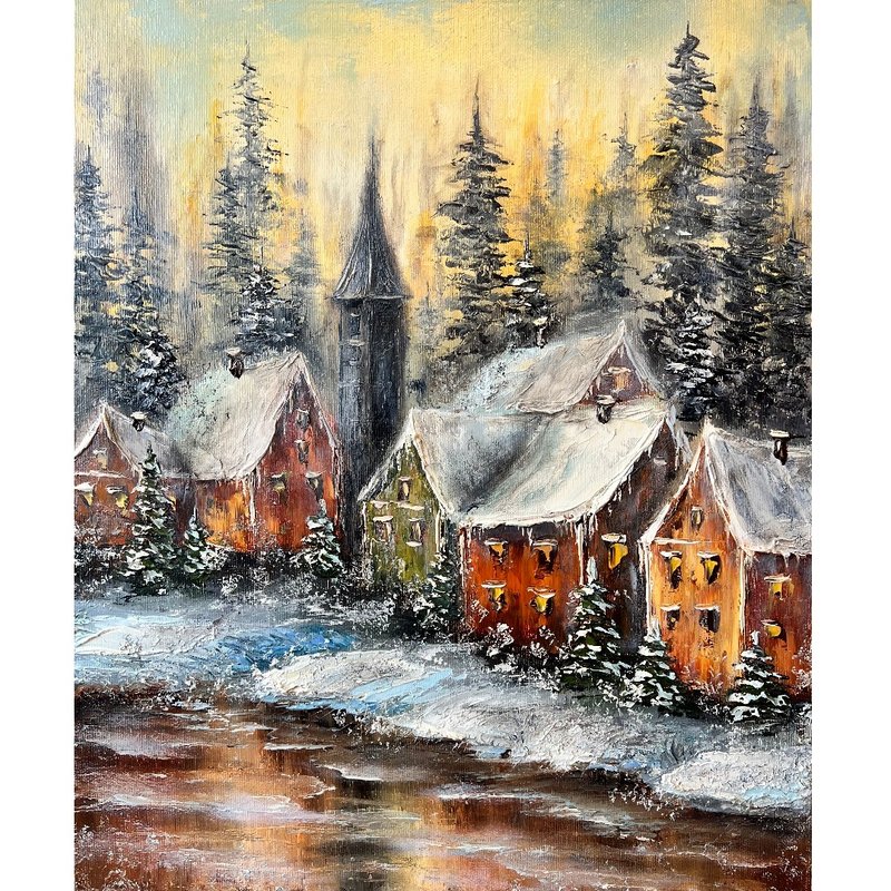 Winter Houses Painting Original Artwork Canvas 60x50cm - 海報/掛畫/掛布 - 棉.麻 多色