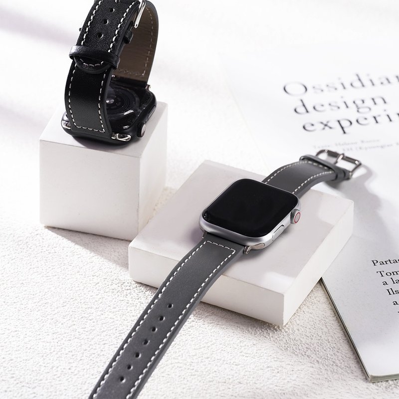 Apple watch - 【沉穩百搭黑灰色系】車線真皮蘋果錶帶 - 錶帶 - 真皮 黑色