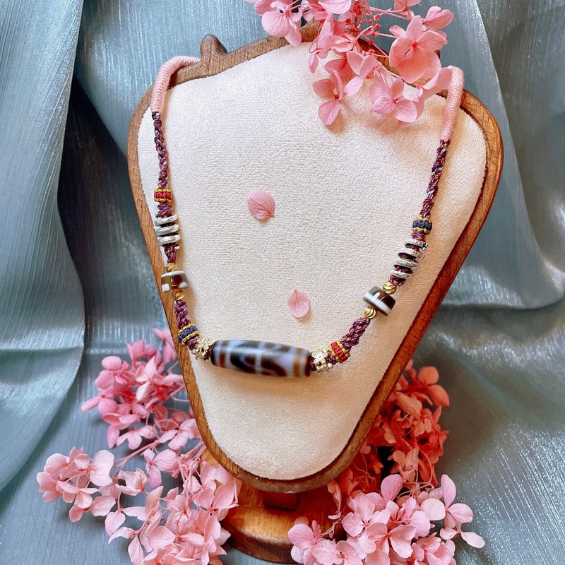 六瓣蓮花虎牙天珠藏風編繩頸圈項鏈 - 項鍊 - 玉石 紫色