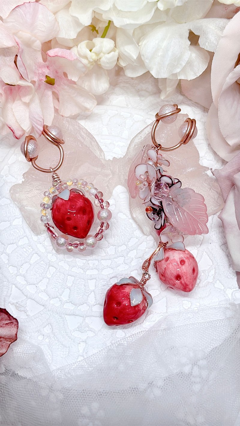 草莓圓舞曲 全手工製作 耳骨夾 耳夾/耳針 - 耳環/耳夾/耳骨夾 - 樹脂 粉紅色