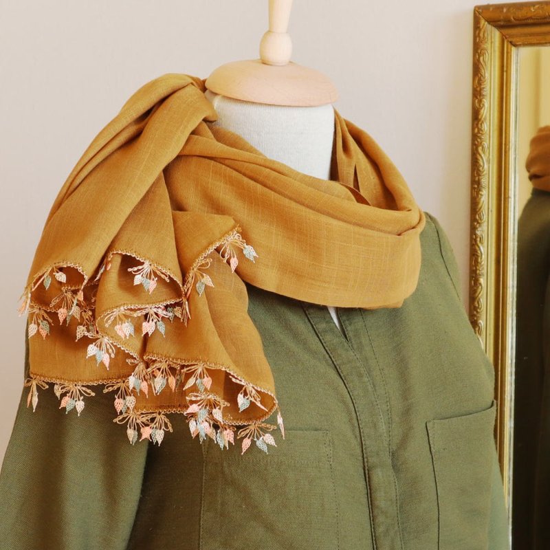 PREMIUMレースの大判コットンストール ーリーフー キャメル - 絲巾 - 其他人造纖維 咖啡色