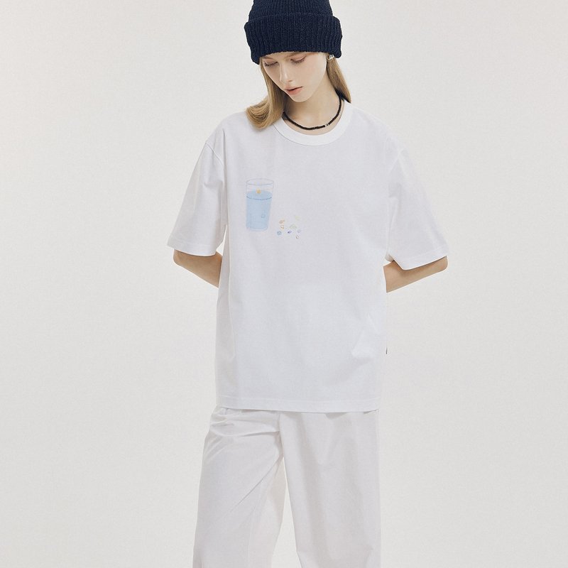 水杯藥丸數碼印花 寬松圓領T恤純棉TEE - 帽T/大學T - 棉.麻 白色
