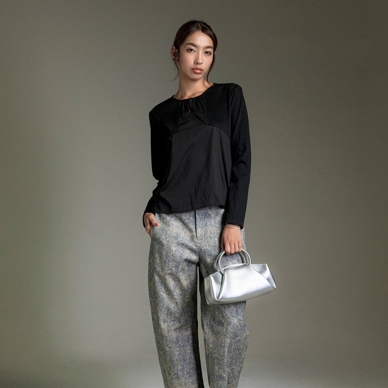 幾何拼接裝飾釦針織上衣 - 女毛衣/針織衫 - 棉.麻 黑色