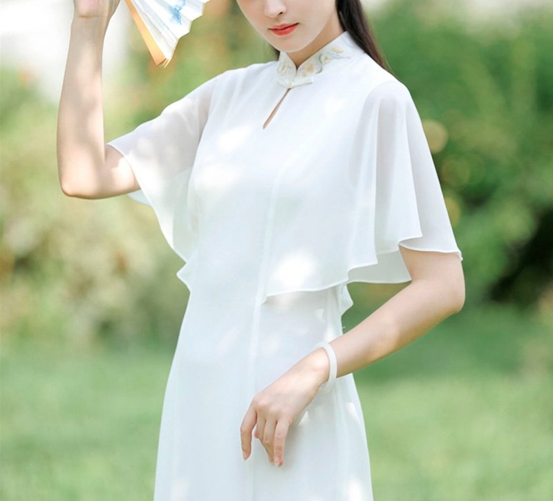 新中式  雪紡荷葉袖仙氣飄逸驚豔旗袍連衣裙洋裝 - 洋裝/連身裙 - 其他材質 白色