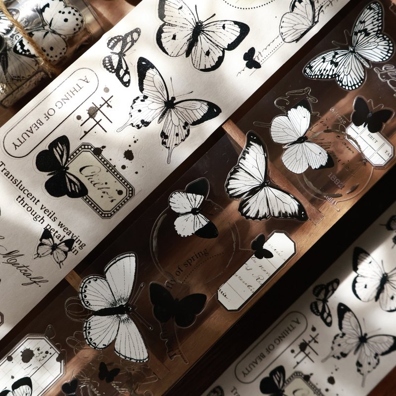 壹洱原創新品切模【蝶棲】復古黑白蝴蝶手帳貼紙pet和紙膠帶 - 紙膠帶/和紙/PET - 其他材質 黑色