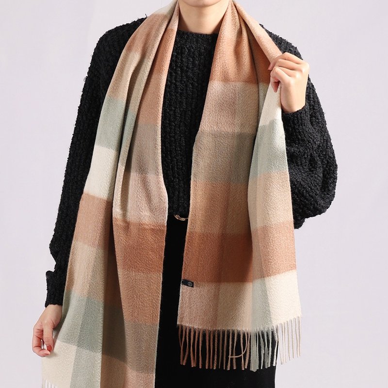 粉棕格紋 | 獨創格紋 喀什米爾圍巾 - 絲巾 - 羊毛 卡其色