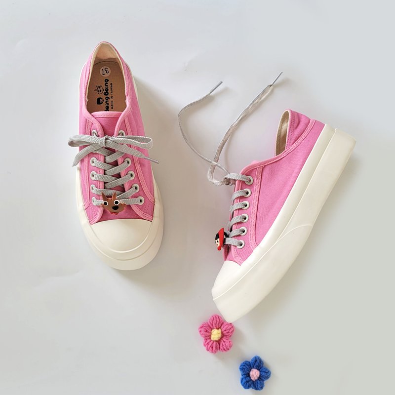 兩穿可後踩大頭厚底鞋 手工毛線小花 -粉紅色 小紅帽大野狼 - 女休閒鞋/帆布鞋 - 棉.麻 粉紅色