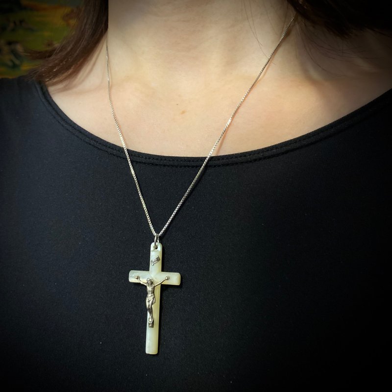 義大利珍珠母貝十字架 × 925純銀項鏈 - 項鍊 - 純銀 白色