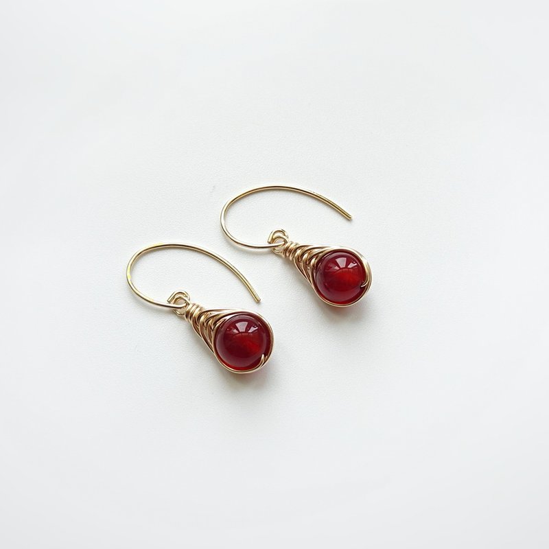 紅瑪瑙 Herringbone 編織墜 14Kgf 包金耳環 地中海之眼 - 耳環/耳夾/耳骨夾 - 半寶石 紅色