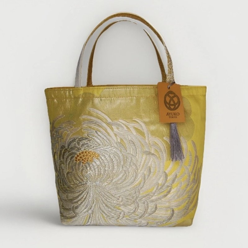 獨一無二真絲和服袋帶托特包, 日本手工刺繡升級改造包, 和風藝術 - 手提包/手提袋 - 絲.絹 黃色