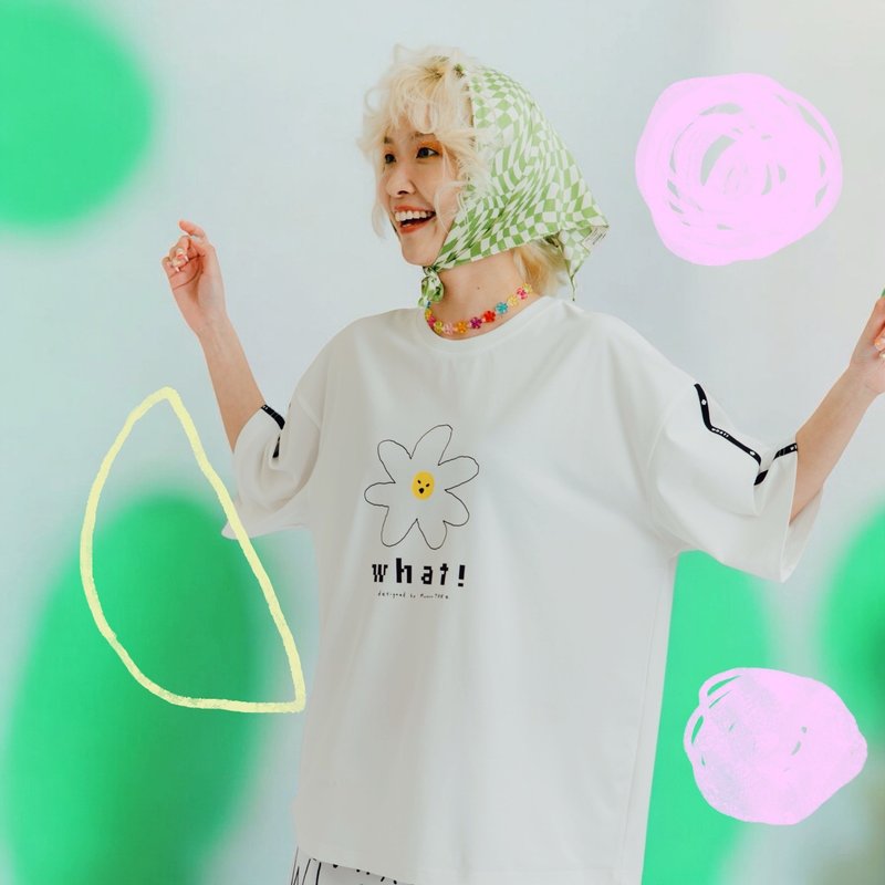 WHAT! 小花生氣了 | 輕盈涼感印花T恤(白) - 女 T 恤 - 棉.麻 白色