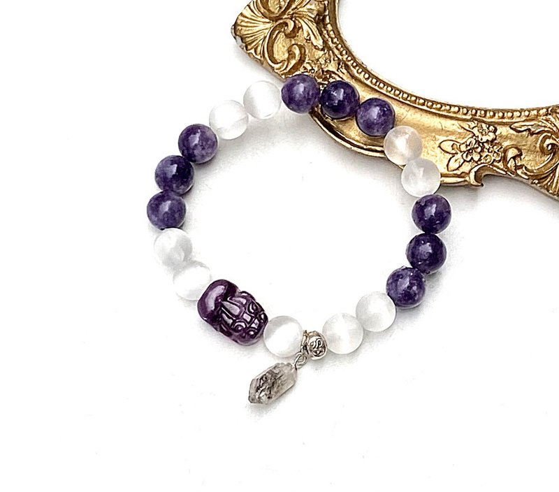 開運祈福系列-紫鋰雲母x透石膏x閃靈鑽x紫螢石貔貅925銀手鍊 - 手鍊/手環 - 水晶 多色