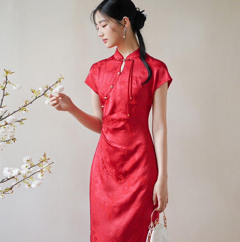 【幕紅人絲】新中式復古中國風 提花改良旗袍 - 旗袍/改良式旗袍 - 其他材質 紅色