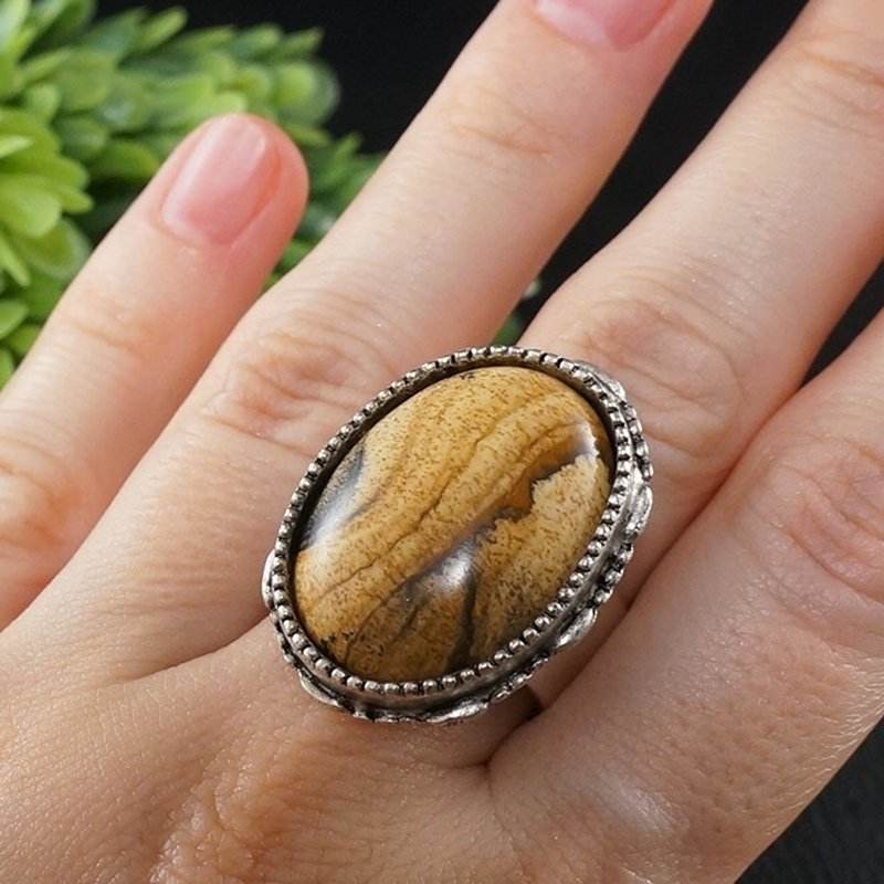 Beige Picture Jasper Adjustable Ring Large African Jasper Silver Ring Jewelry - 戒指 - 半寶石 咖啡色