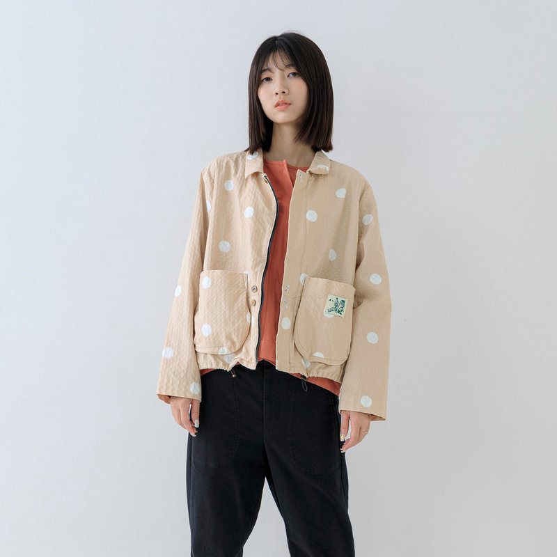 圓角口袋翻領棒球外套 - 女大衣/外套 - 棉.麻 卡其色