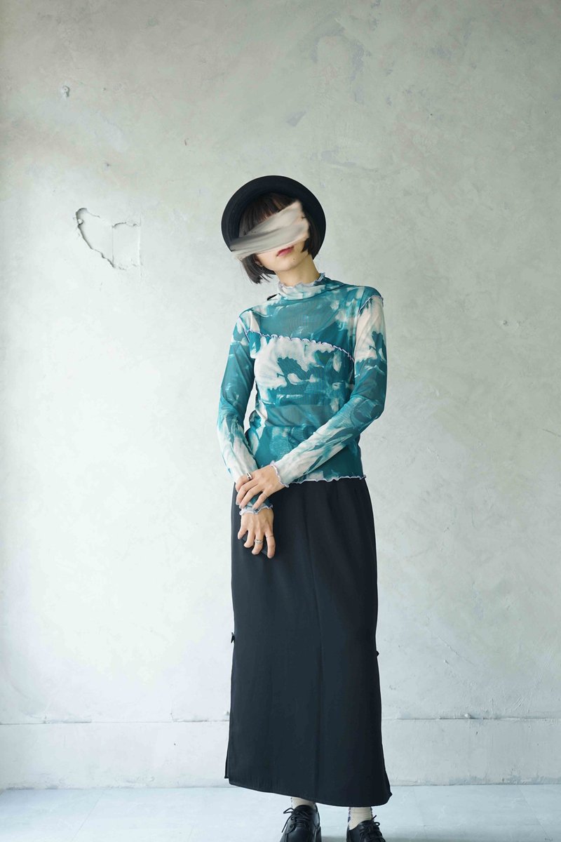尋寶古著-藍綠暈染透膚網紗高領內搭上衣 - 女上衣/長袖上衣 - 聚酯纖維 藍色