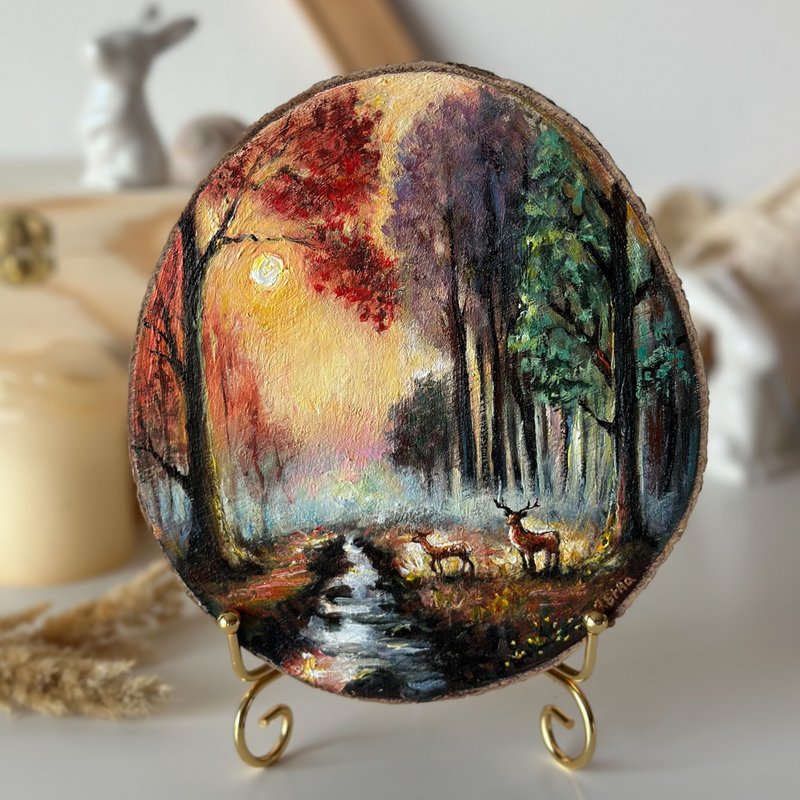 Forest landscape painting on wood, Wood slice art, Sunset painting, Wooden decor - 壁貼/牆壁裝飾 - 木頭 多色