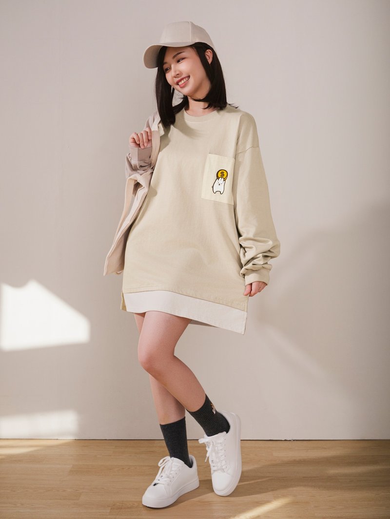 層次感oversized 中性口袋衣-麻糬兔娃娃機 - 女上衣/長袖上衣 - 棉.麻 卡其色
