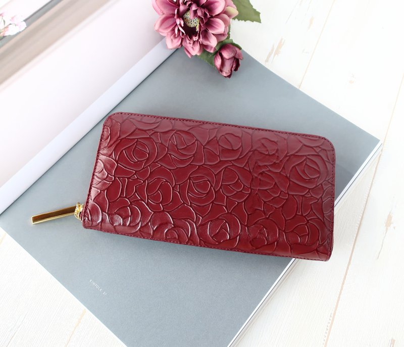 ラウンドファスナー・長財布・バラ柄・ボルドー・大容量・カード12枚収納 - 錢包/皮夾/長短夾 - 真皮 紅色