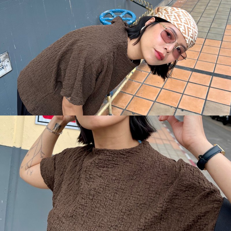 Textured blouse - 女上衣/長袖上衣 - 其他材質 咖啡色