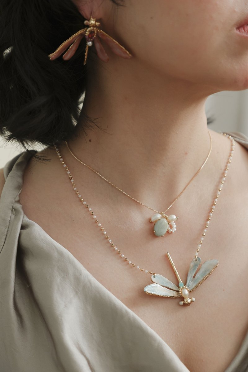 蜻蜓 水晶 珍珠 天河石 礦石 雙層項鍊 - 項鍊 - 水晶