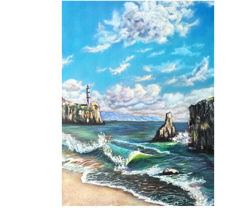 Seascape Original Painting Oil on Canvas 70x50cm Lighthouse Seaside Artwork - 海報/掛畫/掛布 - 其他材質 多色