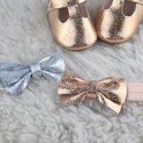 Set of 2 Leather Bows, Baby Girl Headbands, Toddler Girl Sparkle Hair Accessories, Handmade Glitter Rose Gold and Silver Blue Leather Bows