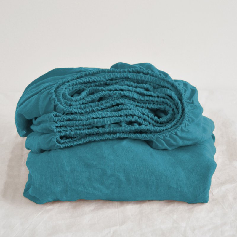 Sea wave linen fitted sheet / Softened linen bed sheet / Deep pocket - 寢具/床包 - 亞麻 藍色