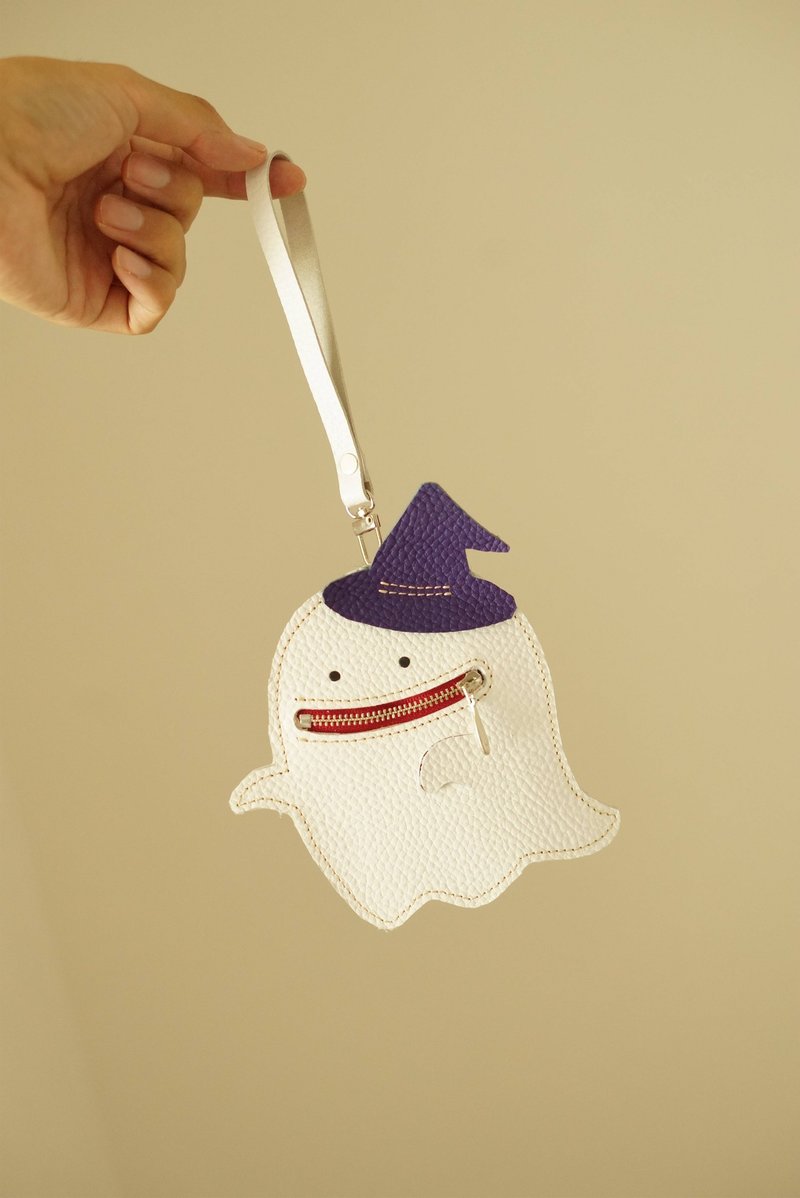 ハロウィンに 本革レザー・いたずら好きな魔法使い見習いオバケくんのカードコインケース ストラップ取り付け可能 - 零錢包/小錢包 - 真皮