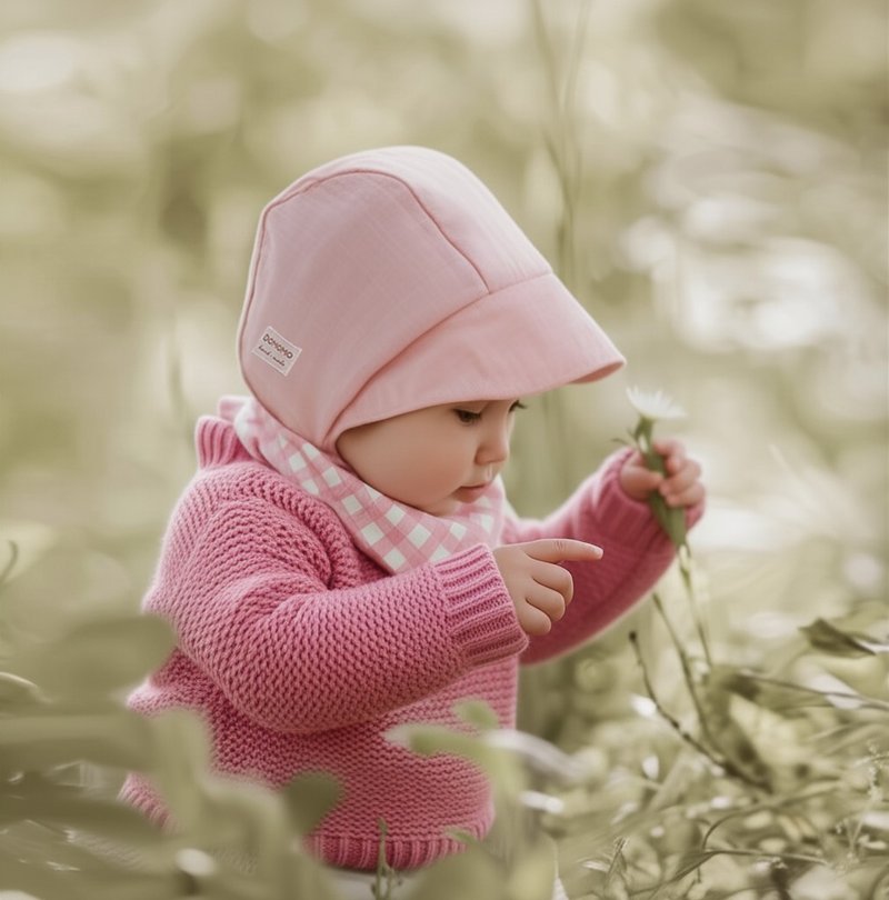 馬卡龍色系Macaron 雙面穿戴 寶寶 綁帶遮陽帽 - 嬰兒帽子/髮帶 - 棉.麻 粉紅色