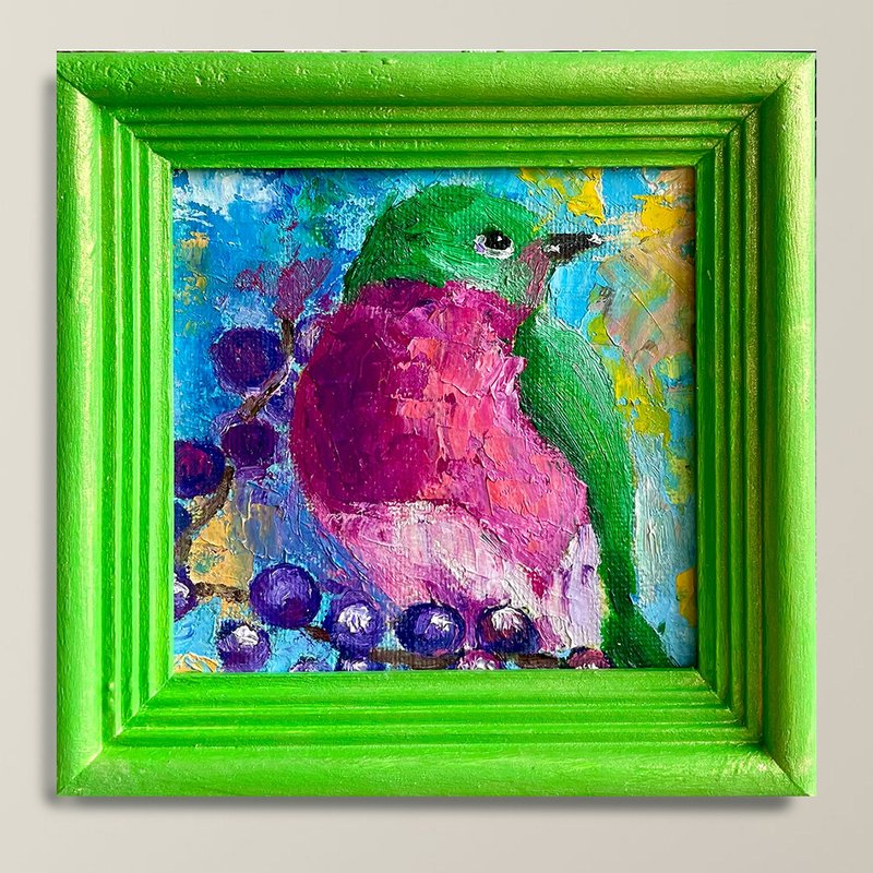 粉紅羅賓鳥繪畫、原創油畫、裝框藝術 原創手繪油畫 / 框架中的鳥 - 相框/畫框 - 木頭 粉紅色