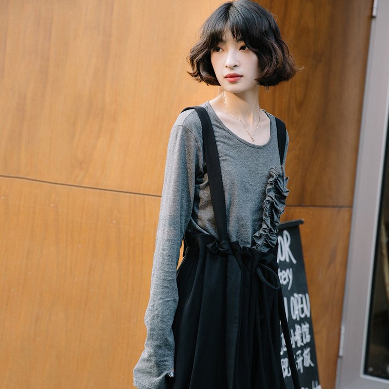 不規則抽褶拼接長袖T恤|T恤|夏秋款|棉+亞麻|Sora-335 - 女 T 恤 - 棉.麻 灰色