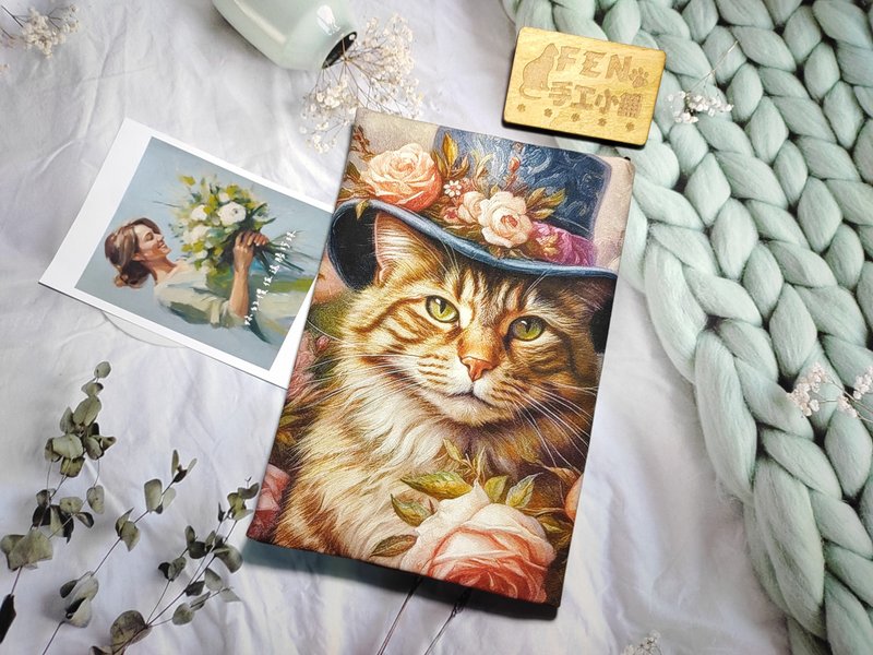 貓咪系列-薄棉布油畫風華麗花帽貓咪布書套-布書衣可適用A5-25K - 書衣/書套 - 棉.麻
