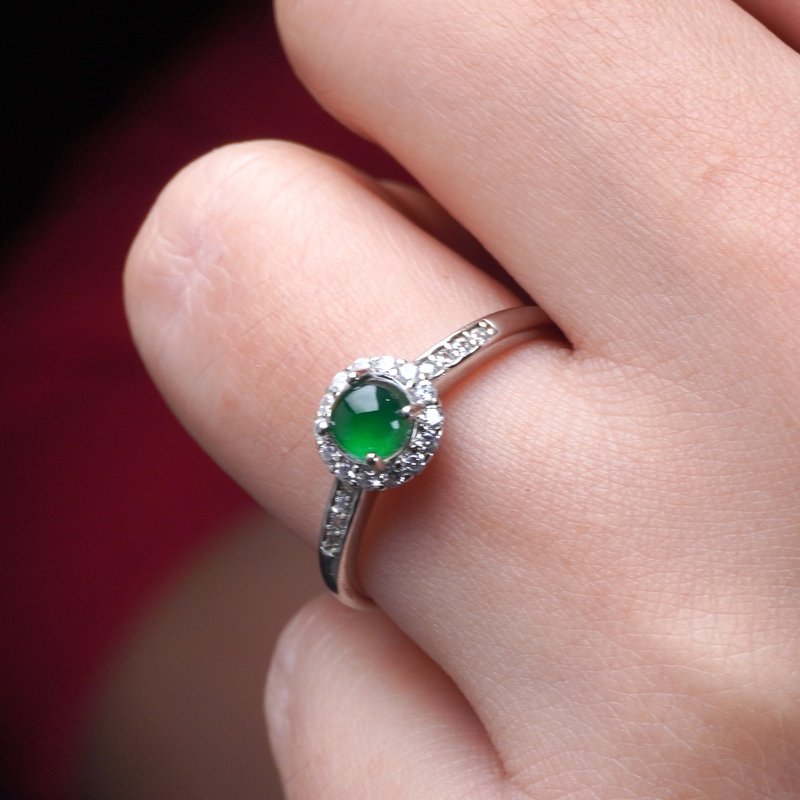 冰種老坑綠翡翠蛋面戒指 925純銀鑲嵌  | 天然A貨翡翠 | 送禮 - 戒指 - 玉石 綠色