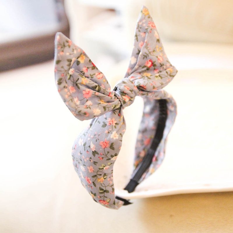 夏日淡藍小花款兔耳髮箍 - 髮夾/髮圈 - 棉.麻 藍色