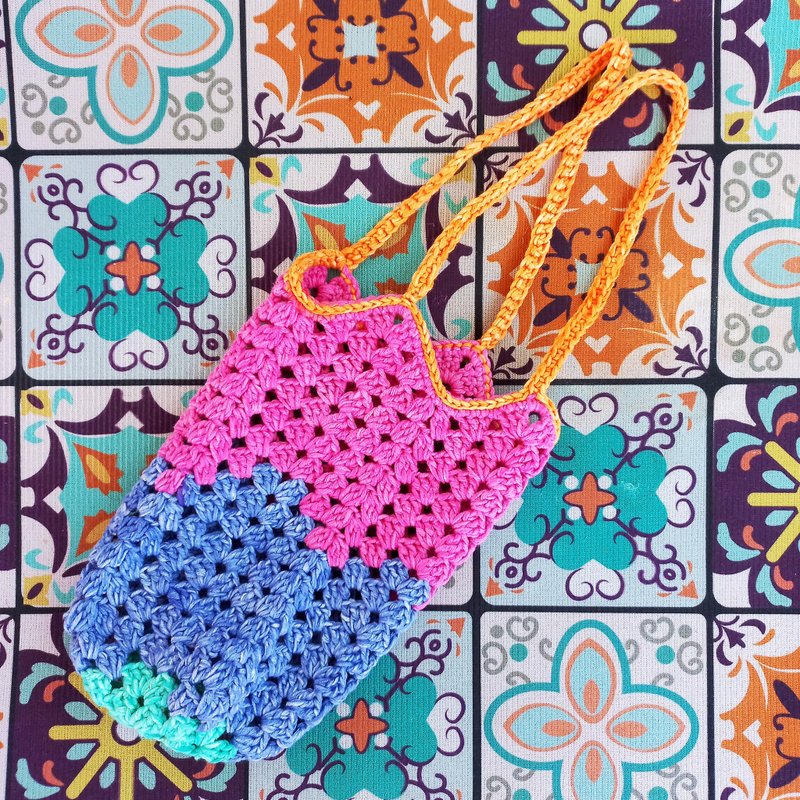 紫彩方底方格編織杯袋 純棉 杯套 飲料袋 杯袋 水壺袋 - 飲料提袋/杯套 - 棉.麻 紫色