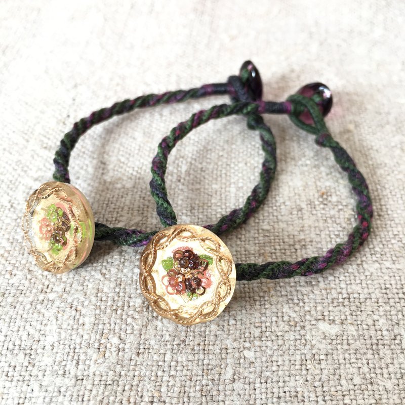 紫粉小花金繪玻璃鈕扣麻編手環 Czech glass button bracelet